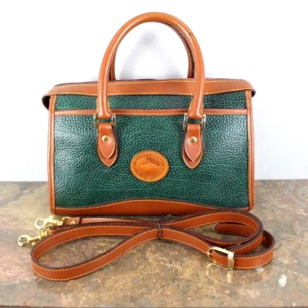 Dooney and Bourke all weather leather satchel green and tan w/ long strap EUC.